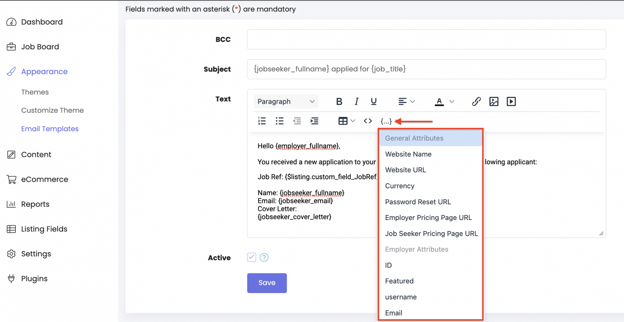 display merge tag dropdown